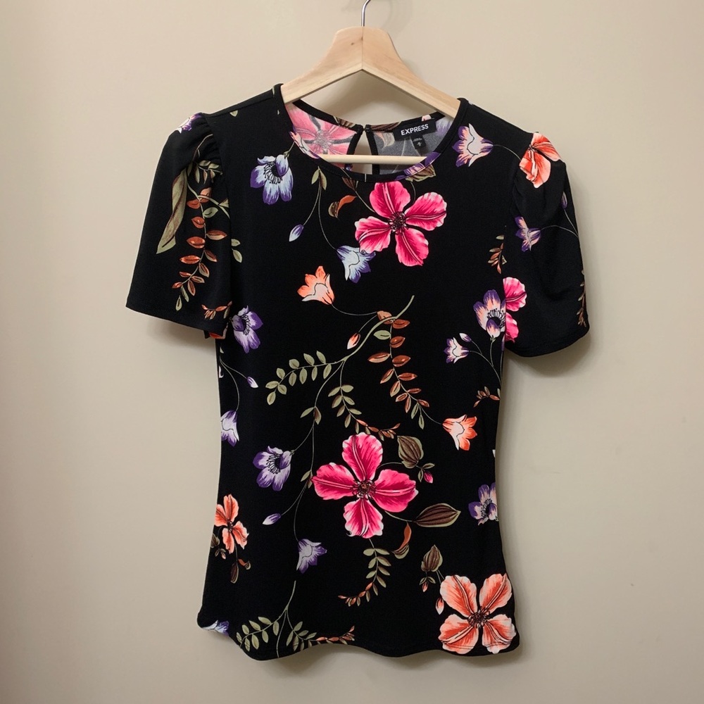 Black and Floral Top with Ruffle Sleeves